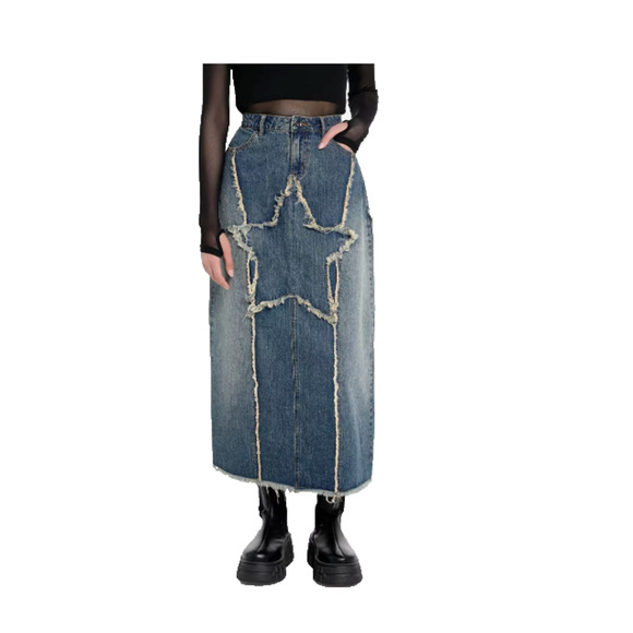 Hot Topic Skirt Juniors XS Social Collision Frayed Star Denim Maxi Pockets‎ NWT - Picture 1 of 10